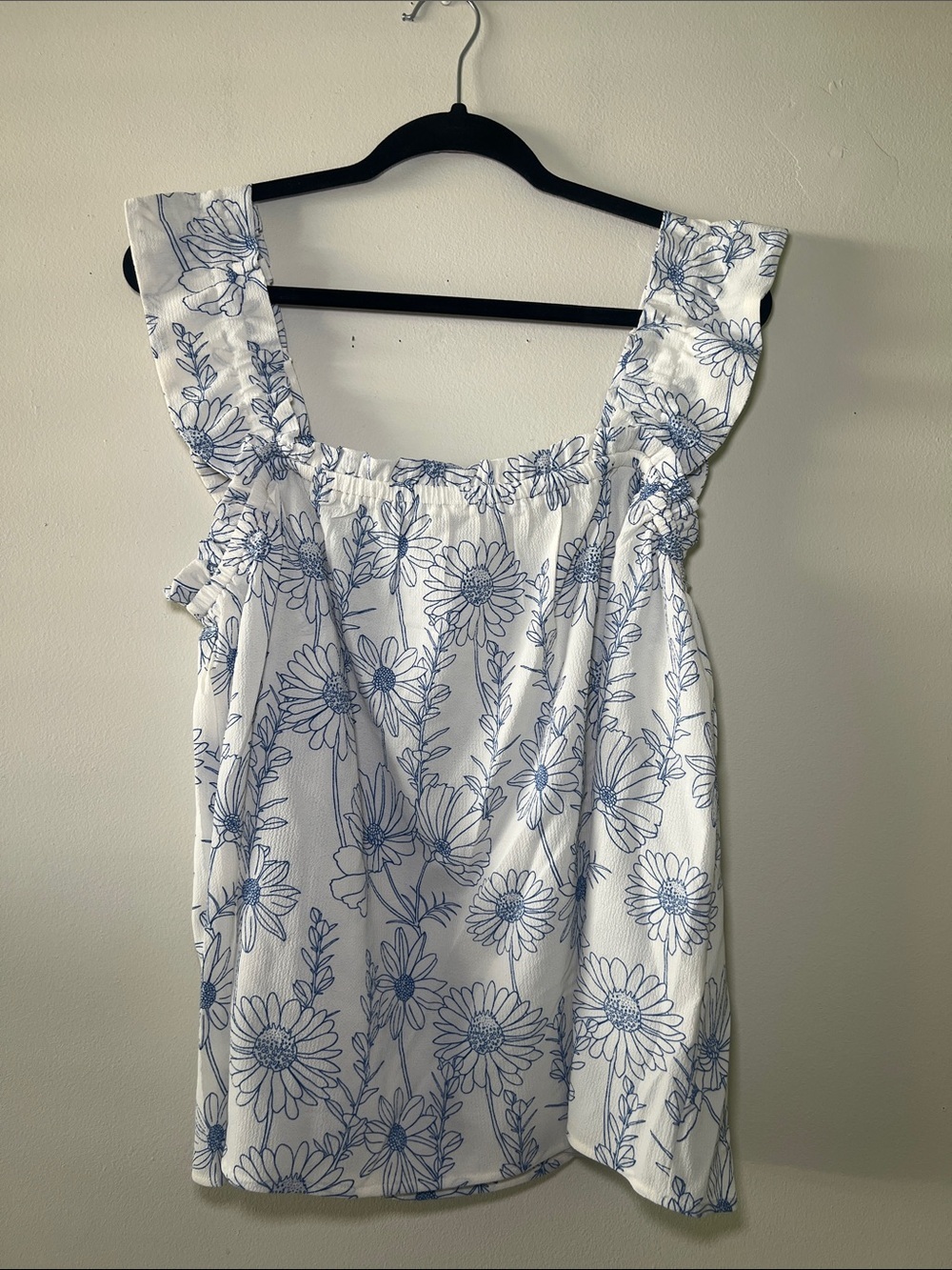 LuLaRoe Daisy White & Blue Floral Ruffle Strap Tank Top